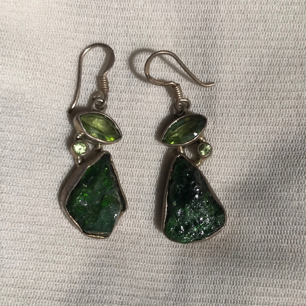 Moldovite and peridot earrings